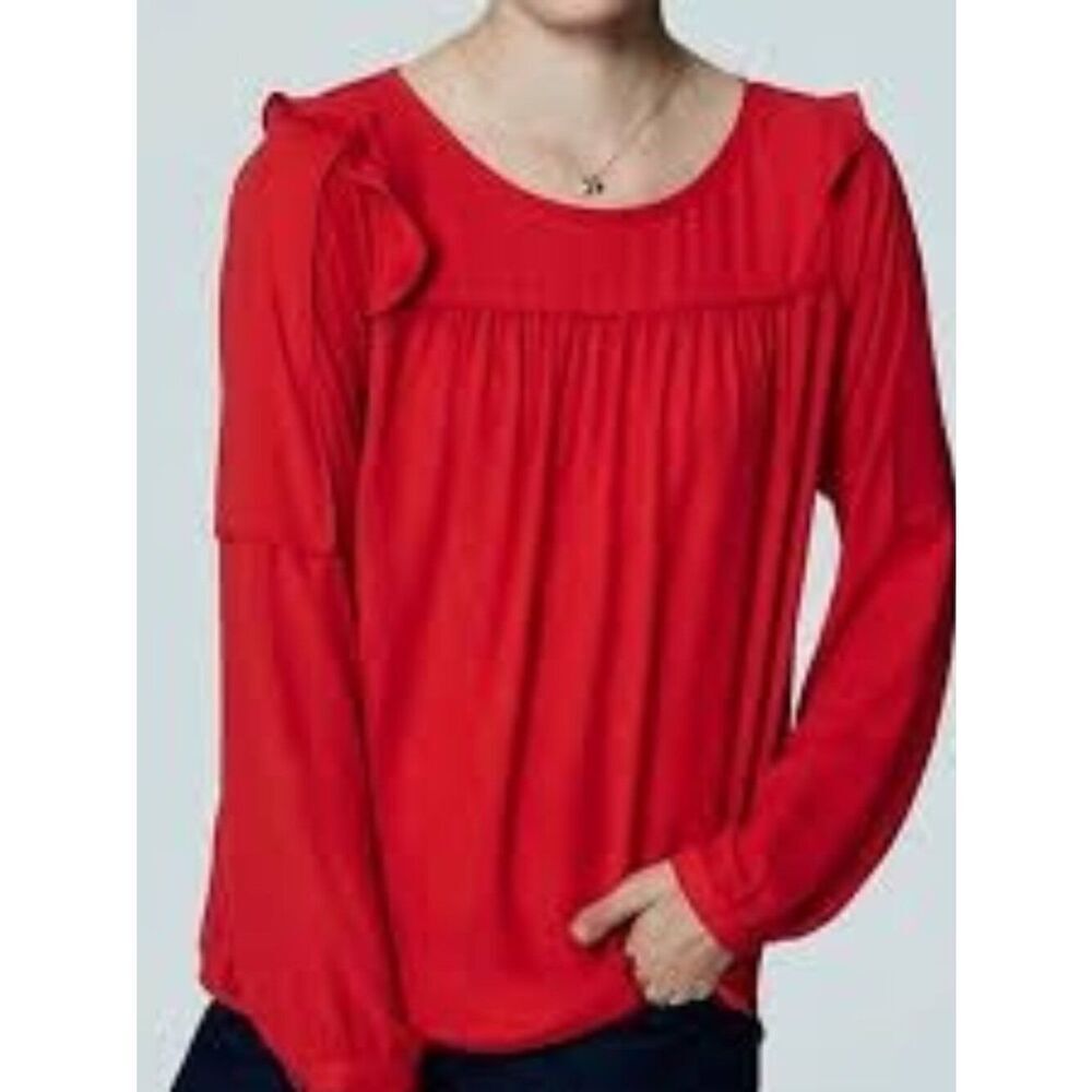 Loft Women's Red Ruffle Shoulder Long Sleeve Blouse Size S